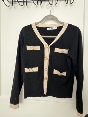 Black Cardigan with Cream Trim and Gold Buttons